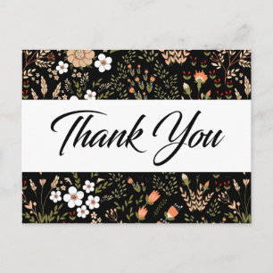 Floral Black & White Thank You Botanical Flowers Postcard