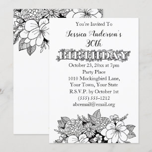 Floral Black White Thirtieth 30th Birthday Invite