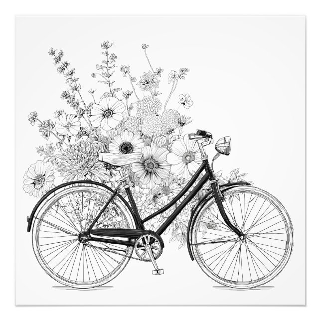 Floral Black White Vintage Bicycle Drawing Photo Print (Front)