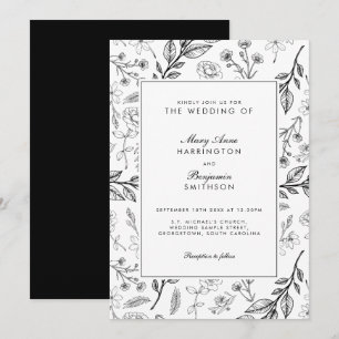 Floral Black White Wedding Invitation