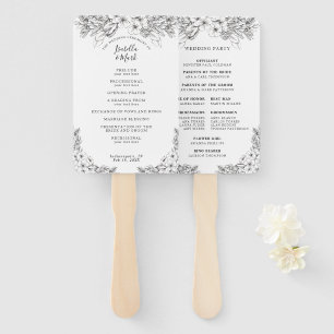 Floral Black & White Wedding Program Hand Fan