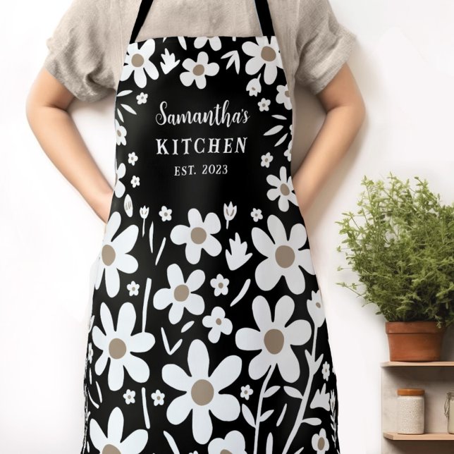 Floral Black White Women's Apron (Whether you're baking, painting, or gardening, this personalized apron adds flowers to your day!)