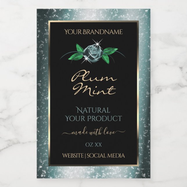 Floral Black with Dark Teal Glitter Product Labels (Single Label)
