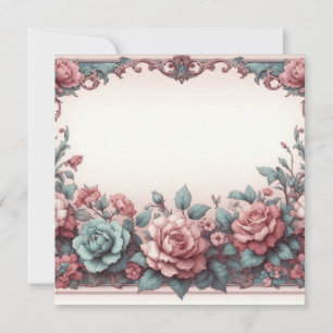Floral Blank Card Template, Dusty Rose Turquoise