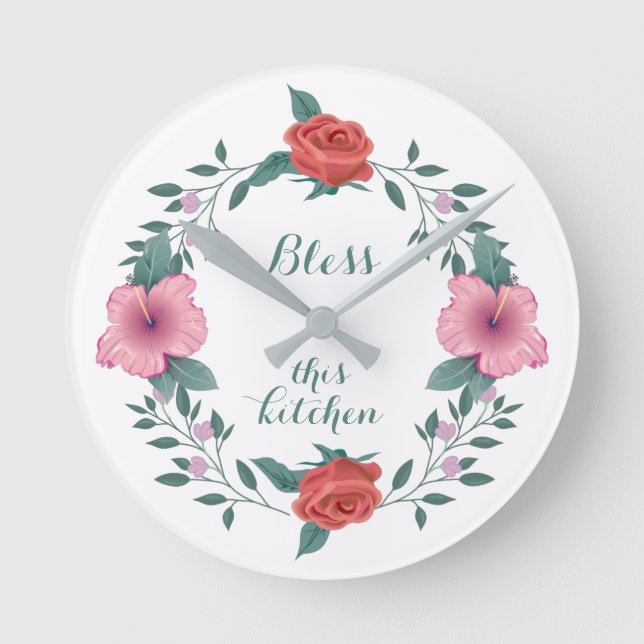 Floral Bless this Kitchen Wall Clock (Front)
