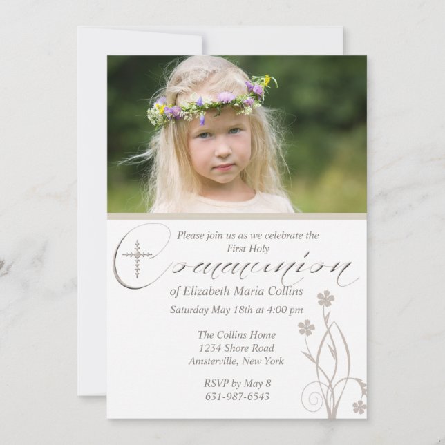 Floral Blessing Photo First Holy Communion  Invita Invitation (Front)