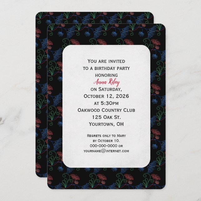 floral bling on black birthday invite (Front/Back)