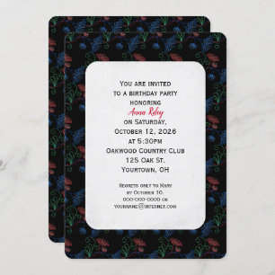 floral bling on black birthday invite