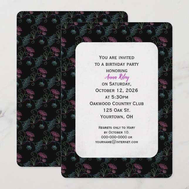 floral bling on black birthday invite (Front/Back)