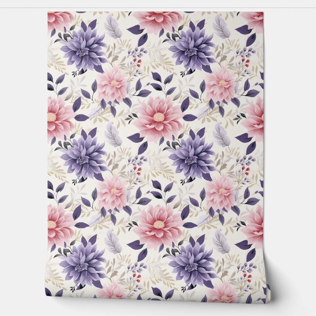 Floral Bliss Petite - Purple, Pink, Beige - Glam Wallpaper (Unrolling)