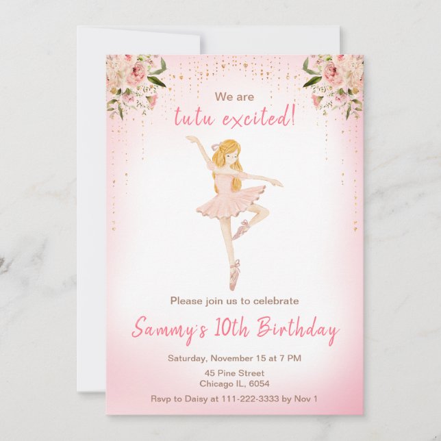 Floral Blonde Hair Ballerina Birthday Invitation (Front)