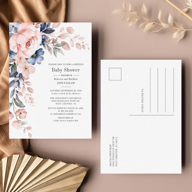 Floral Bloom Blue Pink Rustic Couples Baby Shower Invitation Postcard (Creator Uploaded)