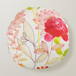 Floral Bloom Blush Gold Sun Pink Watercolor Round Cushion
