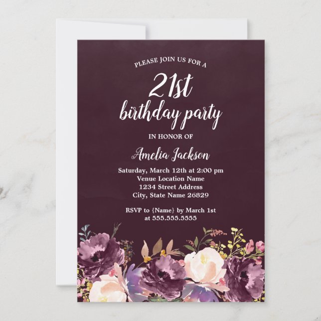 Floral Bloom Purple 21st Birthday Party Invitation (Front)