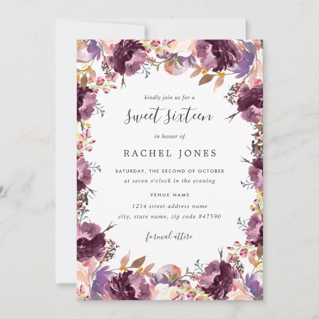 Floral Bloom Purple Sweet 16 Invitation (Front)