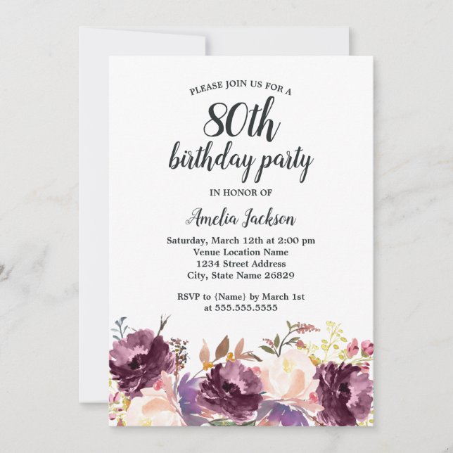 Floral Bloom Purple Watercolor 80th Birthday Party Invitation (Front)