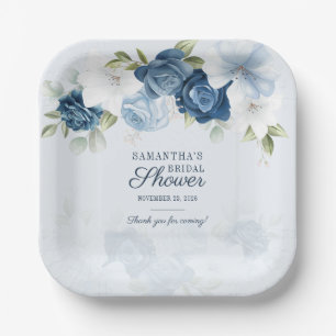 Floral Bloom Watercolor Blue White Bridal Shower Paper Plate