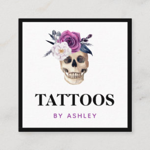 Floral Bloom Watercolor Gothic Skull Tattoo Artist Square Business Card