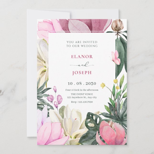 Floral bloom watercolor wedding invitation (Front)