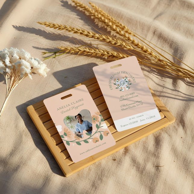 Floral Blooming Dental Tooth Logo Monogram Photo ID Badge (Floral Blooming Dental Tooth Logo Monogram Photo Badge)