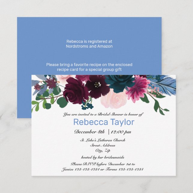 Floral Blooms Blue - 3x5 Bridal Shower Invitation (Front/Back)