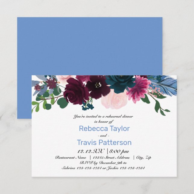 Floral Blooms Blue - 3x5 Rehearsal Dinner Invitation (Front/Back)
