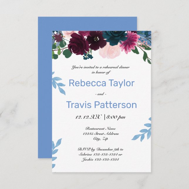 Floral Blooms Blue - 3x5 Rehearsal Dinner Invitation (Front/Back)