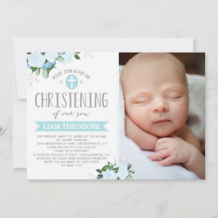 Floral Blooms Blue   Christening Invitation