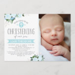 Floral Blooms Blue | Christening Invitation<br><div class="desc">Customisable Christening invitation with photo featuring watercolor flowers.</div>