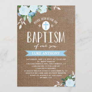 Floral Blooms Burlap Blue   Baptism Invitation