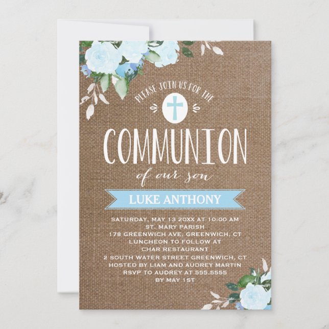 Floral Blooms Burlap Blue | Communion Invitation (Front)