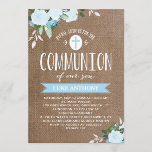 Floral Blooms Burlap Blue   Communion Invitation