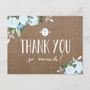 Floral Blooms Burlap Blue Religious Thank You Card