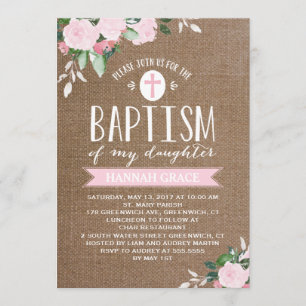 Floral Blooms Burlap Pink Baptism Invitation
