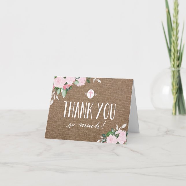 Floral Blooms Burlap Religious Thank You Card (Front)