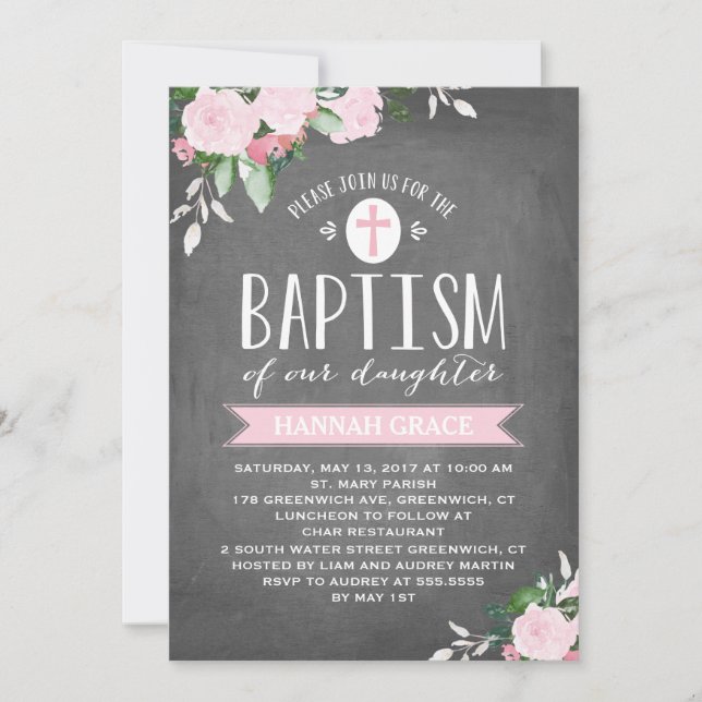 Floral Blooms Chalkboard | Baptism Invitation (Front)