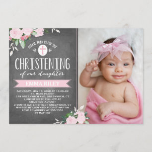 Floral Blooms Chalkboard   Christening Invitation