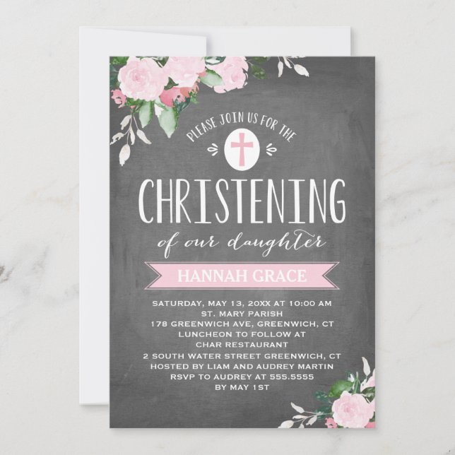 Floral Blooms Chalkboard | Christening Invitation (Front)