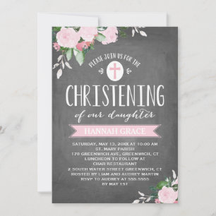 Floral Blooms Chalkboard   Christening Invitation