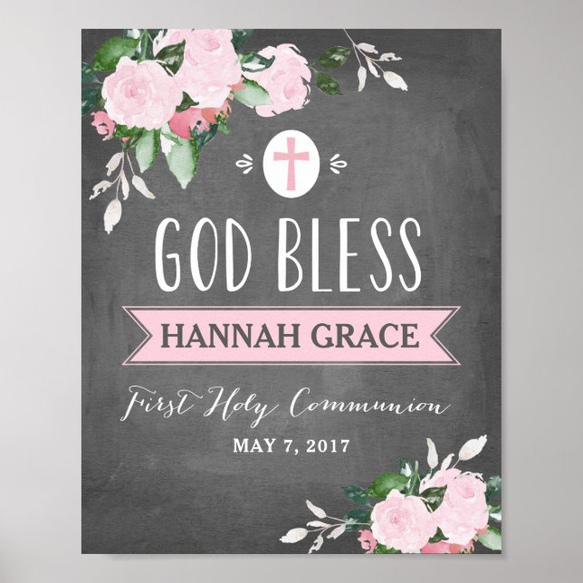 Floral Blooms Chalkboard God Bless Communion Sign (Front)