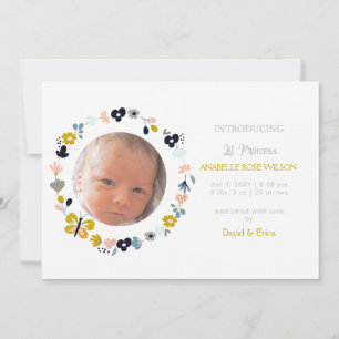 Floral Blooms Cute Girl Photo Birth Announcement