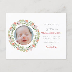 Floral Blooms Cute Girl Photo Birth Announcement