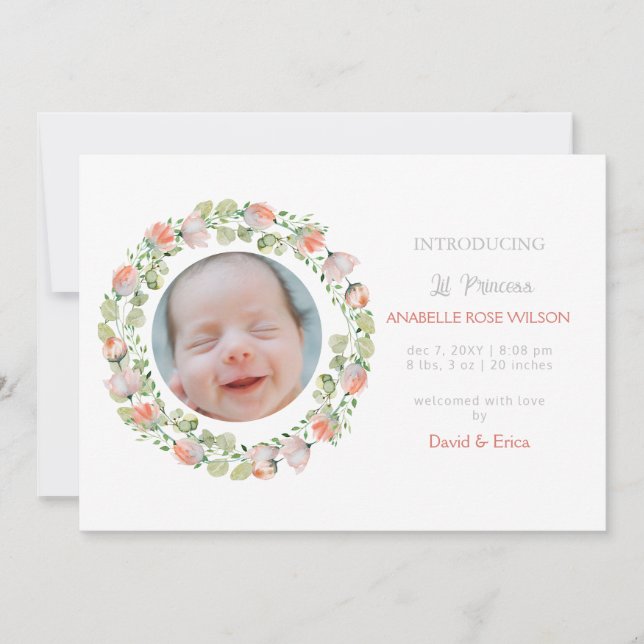 Floral Blooms Cute Girl Photo Birth Announcement (Front)