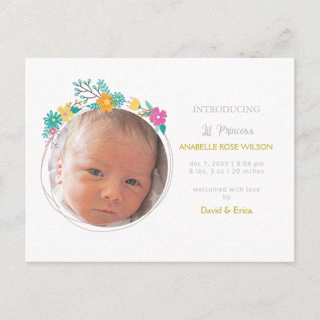 Floral Blooms Cute Girl Photo Birth Announcement (Front)