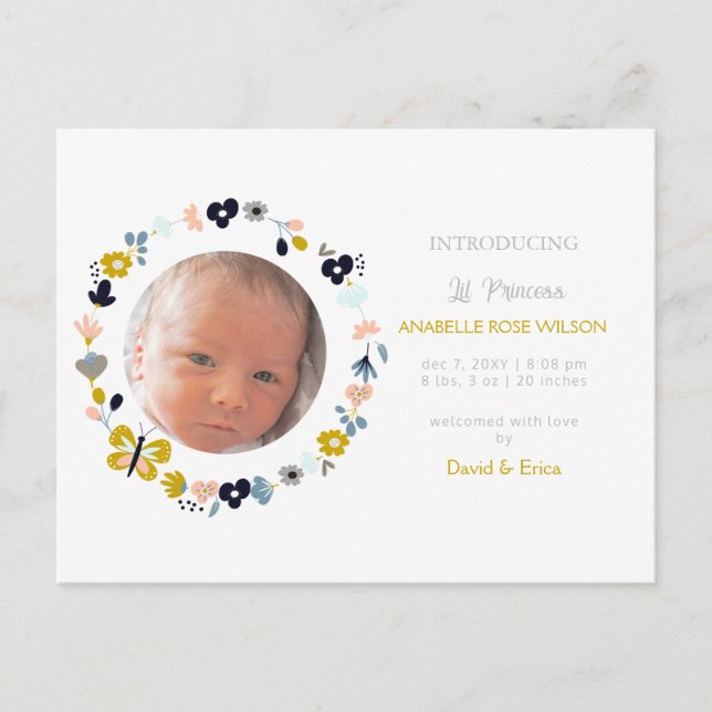 Floral Blooms Cute Girl Photo Birth Announcement (Front)
