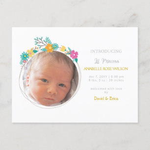 Floral Blooms Cute Girl Photo Birth Announcement Postcard