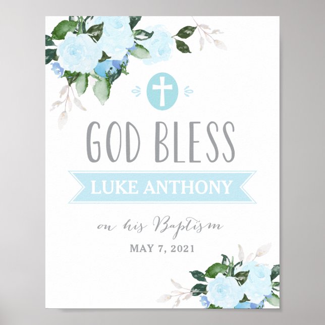 Floral Blooms God Bless Baptism Sign Blue (Front)