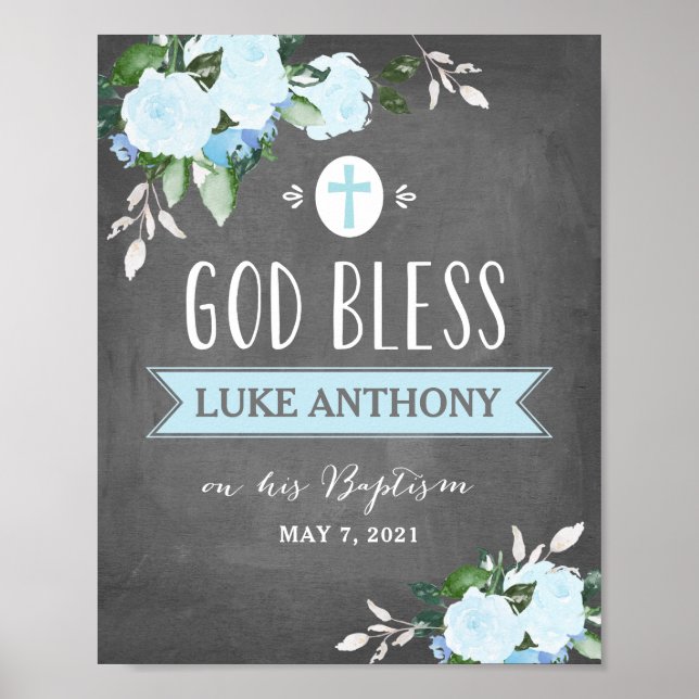 Floral Blooms God Bless Baptism Sign Chalk Blue (Front)