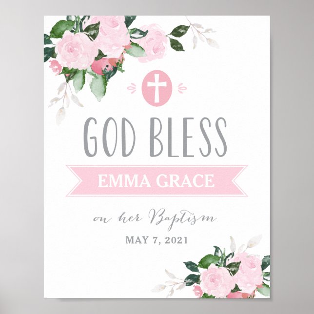 Floral Blooms God Bless Baptism Sign Pink (Front)