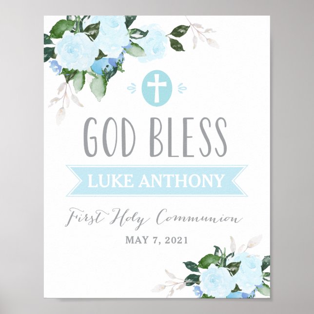 Floral Blooms God Bless Communion Sign Blue (Front)